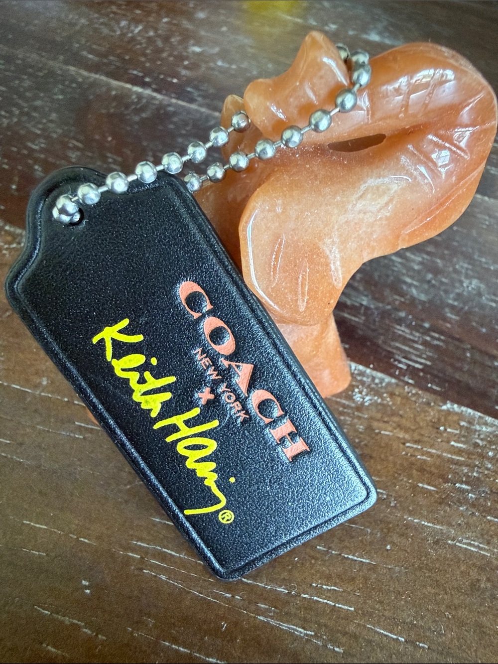 Coach Black Leather Keith Haring Signature hangTag Keychain with Yellow Script